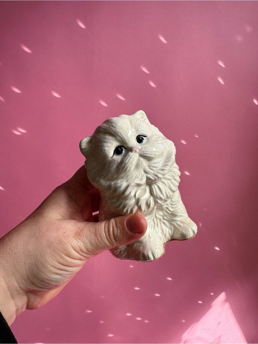 Vintage Small White Plush-Look Ceramic Long Hair Kitten Cat Sculpture